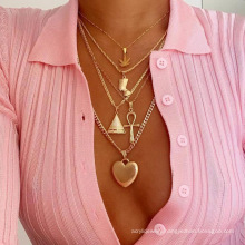 Exaggerated Metal Maple Leaf Egyptian Pharaoh Empress Pyramid Love Pendant Multilayer Necklace Women